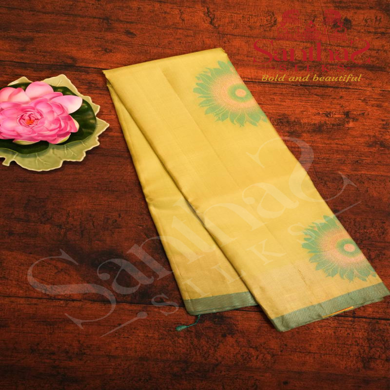 PEAR GREEN COLOUR BODY WITH FLORAL PATTERN ZARI MOTIFS AND CONTRAST BLOUSE & BORDER