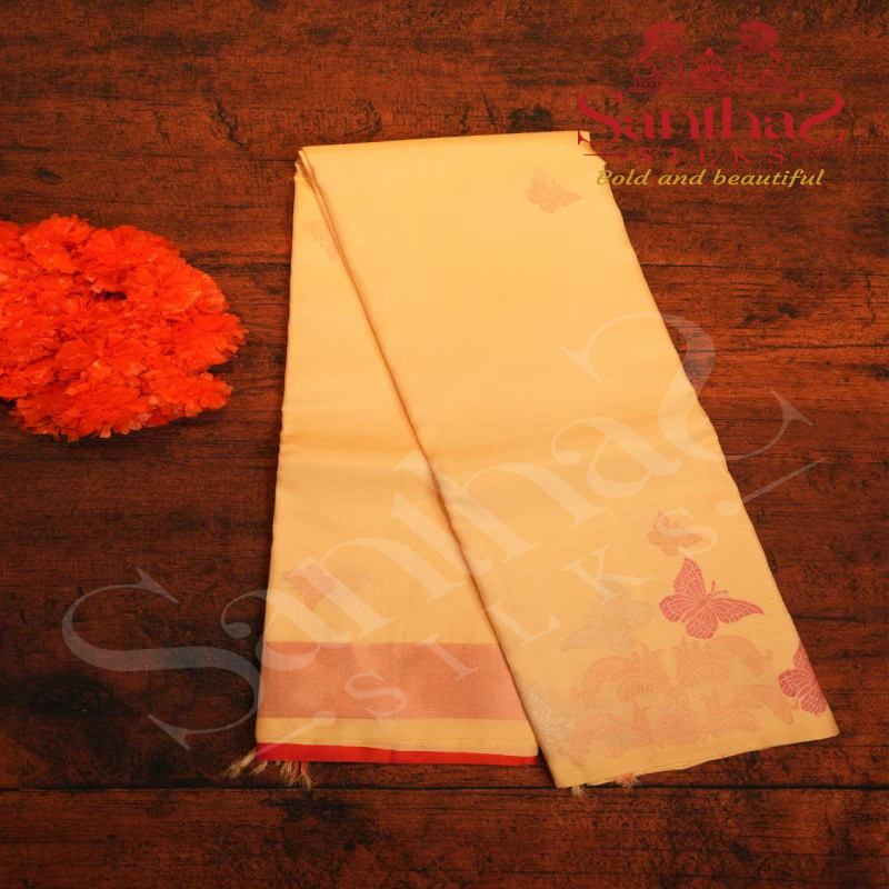 SANDAL COLOUR BODY WITH BUTTERFLY ZARI MOTIFS AND CONTRAST BLOUSE