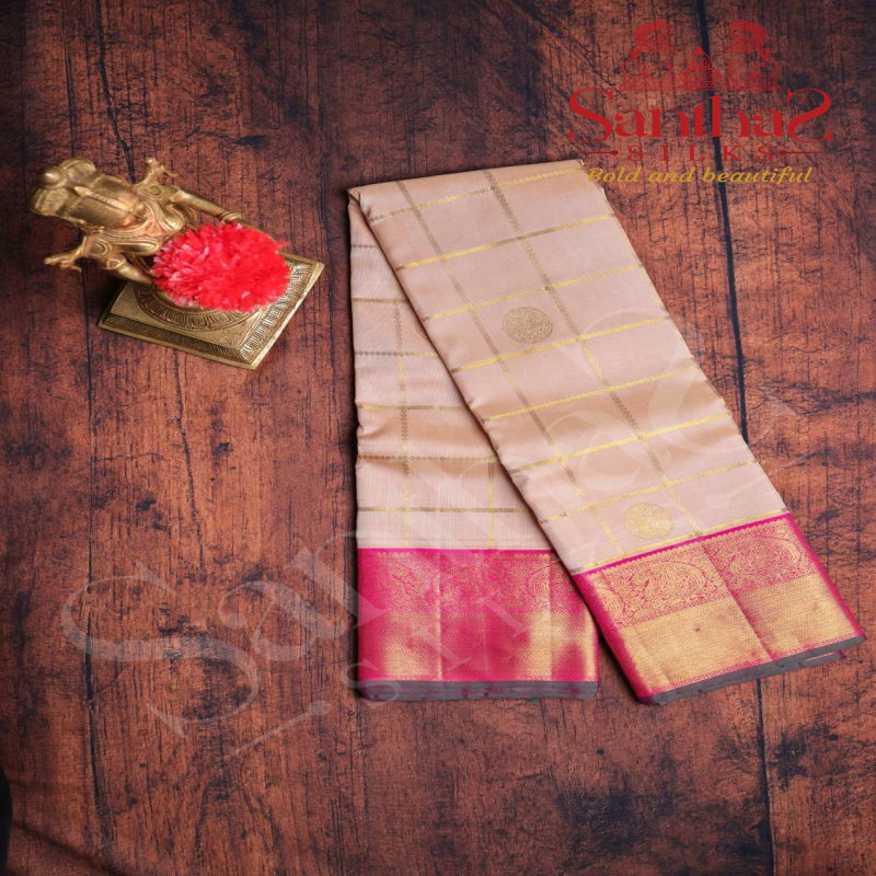 SANDAL COLOUR BODY CHECKS COIN BUTTA WITH CONTRAST BLOUSE & BORDER