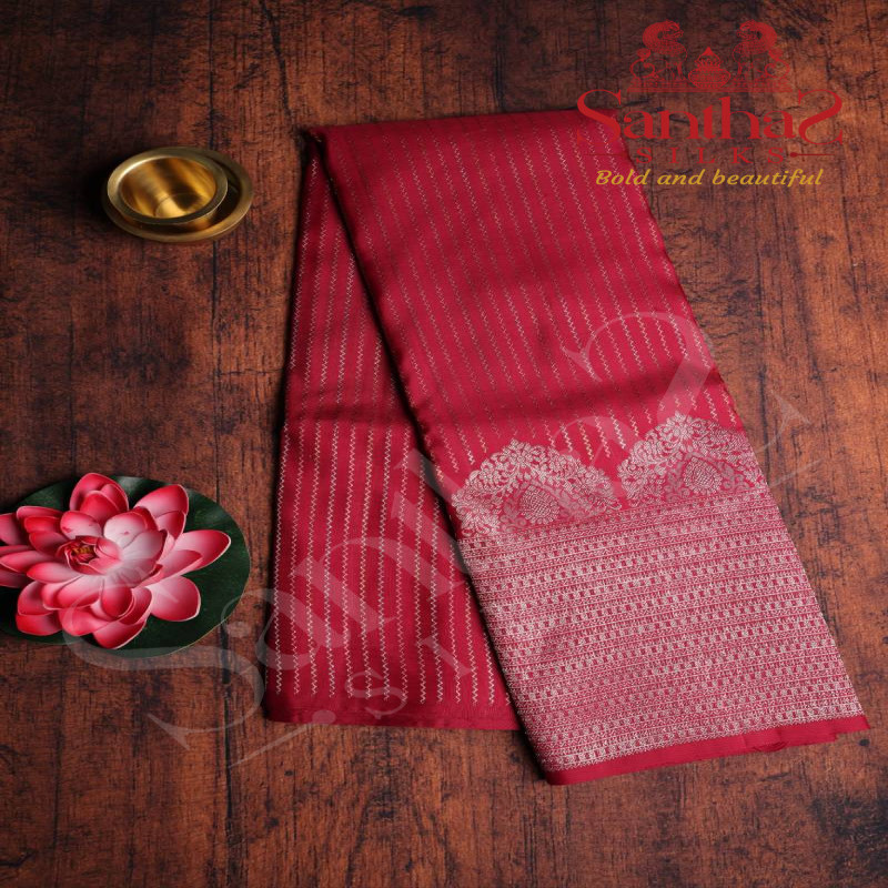 BETEL NUT COLOUR BODY STRIPS SILVER ZARI BODY WITH CONTRAST BLOUSE