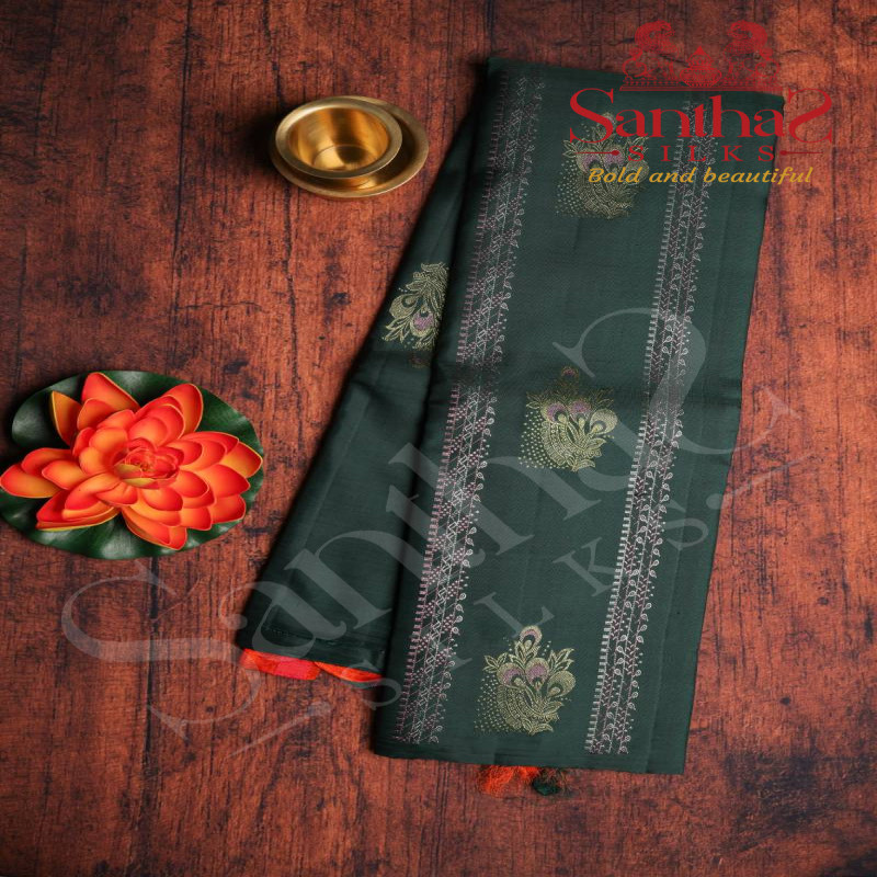 DARK GREEN COLOUR BODY FLORAL PATTERN BUTTA WITH CONTRAST BLOUSE