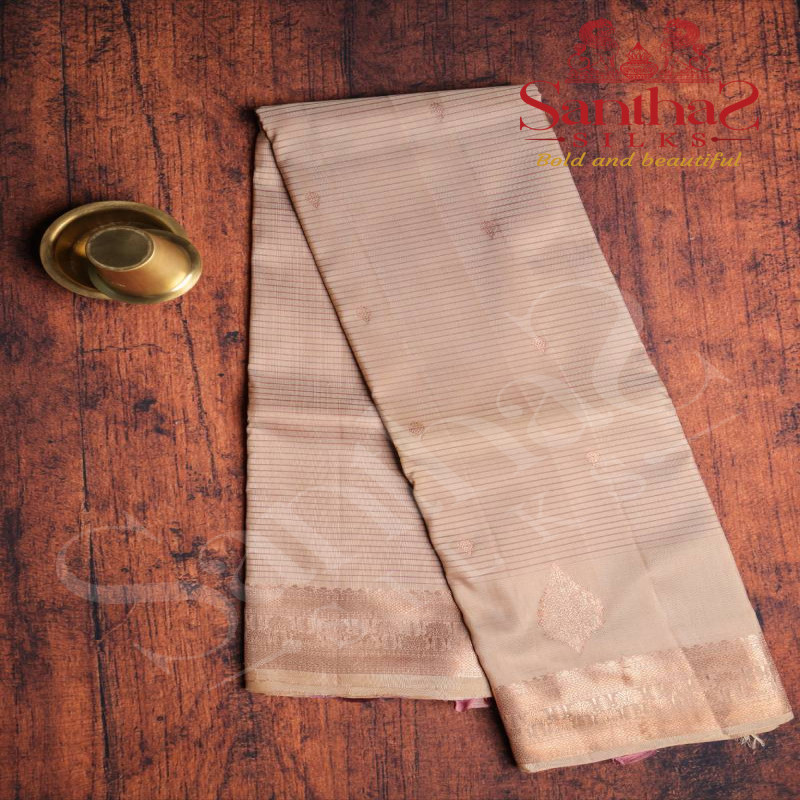 LIGHT FRENCH BEIGE COLOUR BODY COPPER ZARI BUTTA & BORDER WITH CONTRAST BLOUSE