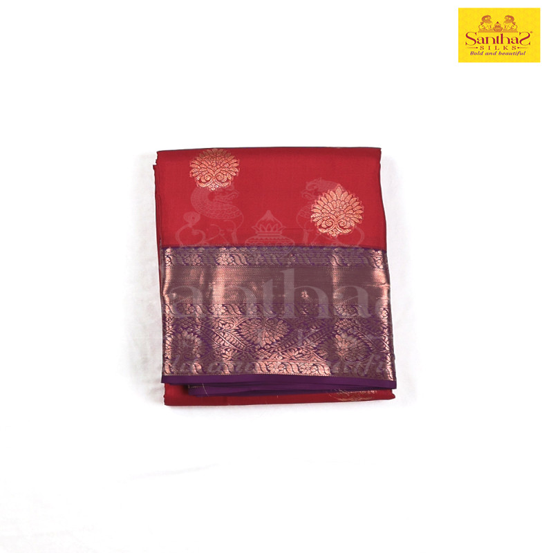 Red Color Korvai  Pure Silk Saree with Wine Color Border