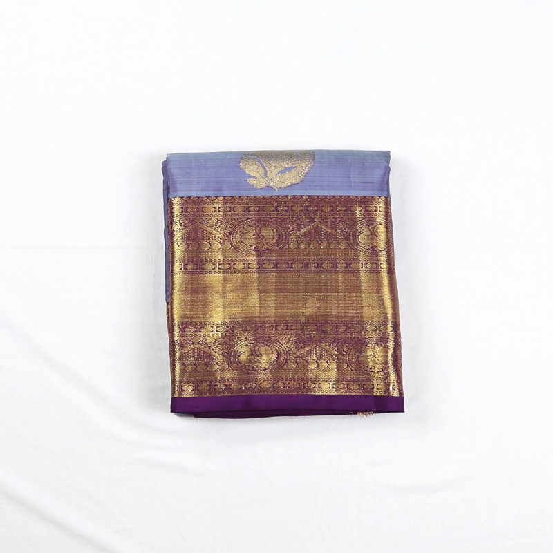 Grey Double Shade Pure Silk Saree with Violet Border