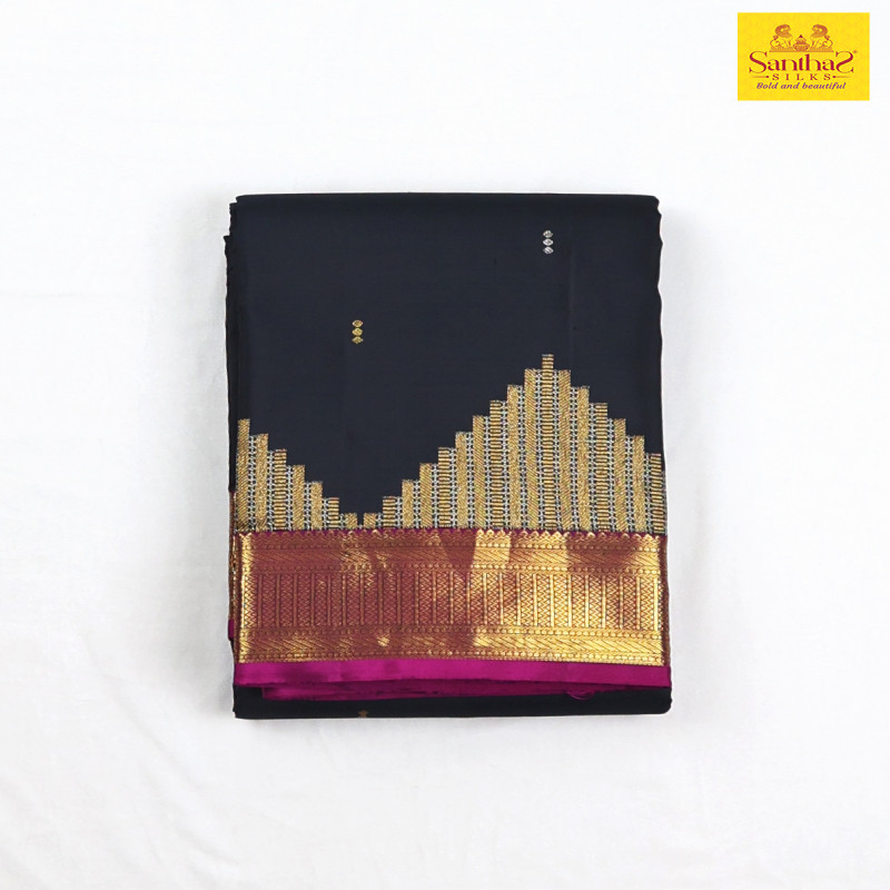 Black Pure silk saree with pink border