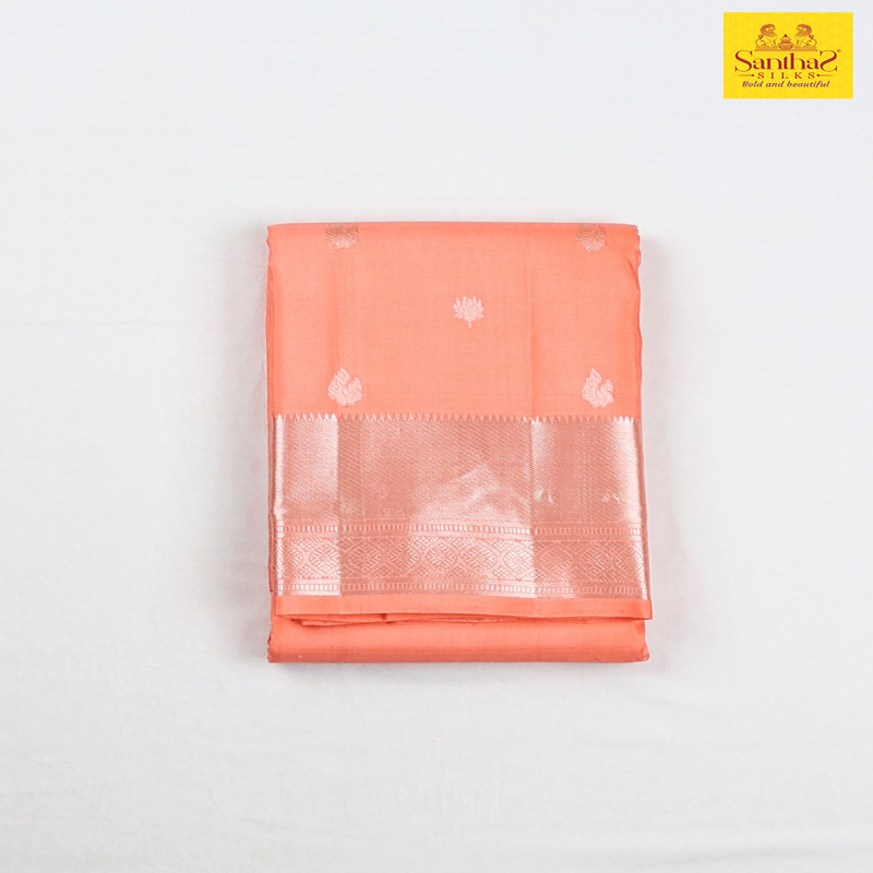 Peach Color Pure Silk Saree with Silver Zari Border