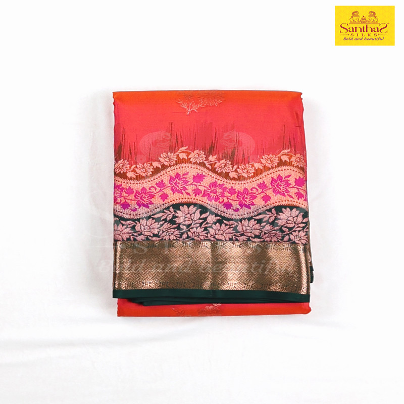 Pinkish Orange with Contrast Green Border Pure Silk