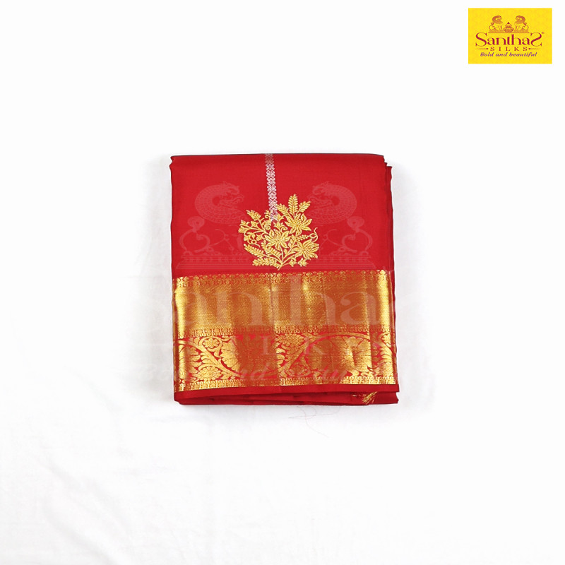 Red Color Pure Silk with Golden Zari Border