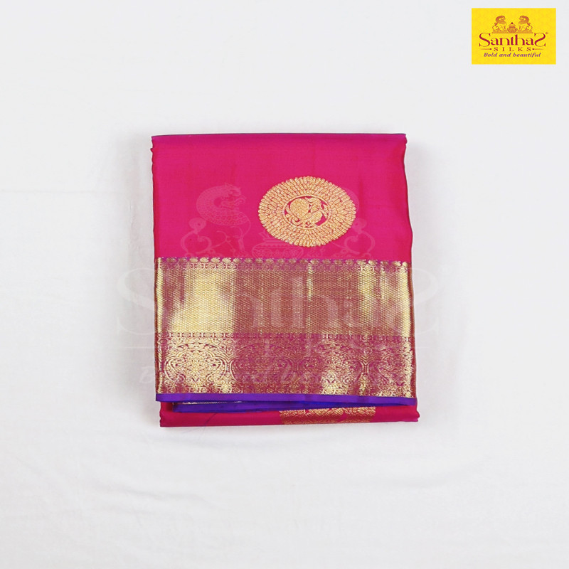 Rani Pink Pure Silk Saree with Purple Zari Border