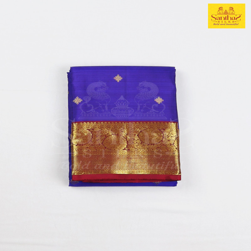 MS Blue Pure Silk with Contrast Rani Pink Border