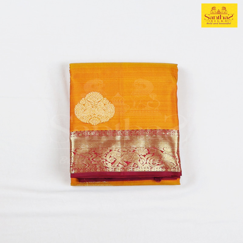 Golden Yellow Pure Silk with Contrast Maroon Border