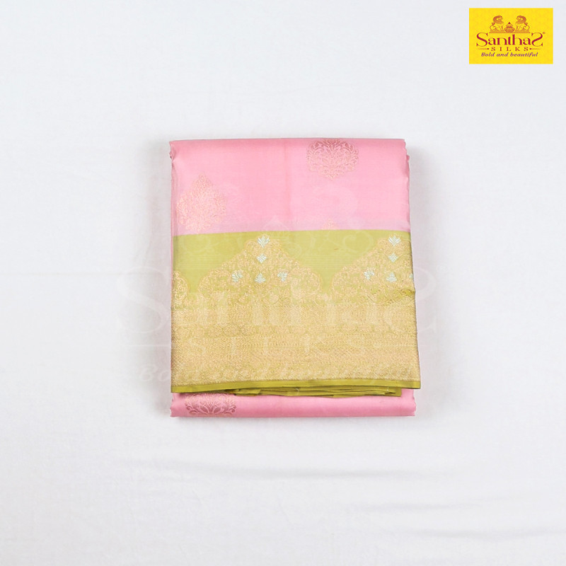 Baby Pink Pure Silk Saree with Badam Green Border