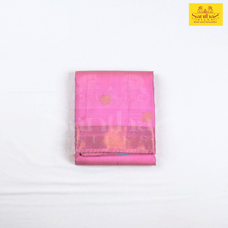 Rose Milk Pink Pure Silk with Contrast Teal Blue Pallu