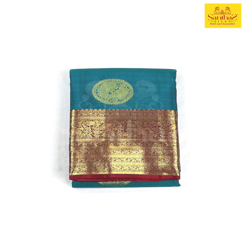 Peacock Green Pure Silk Saree with Red Border