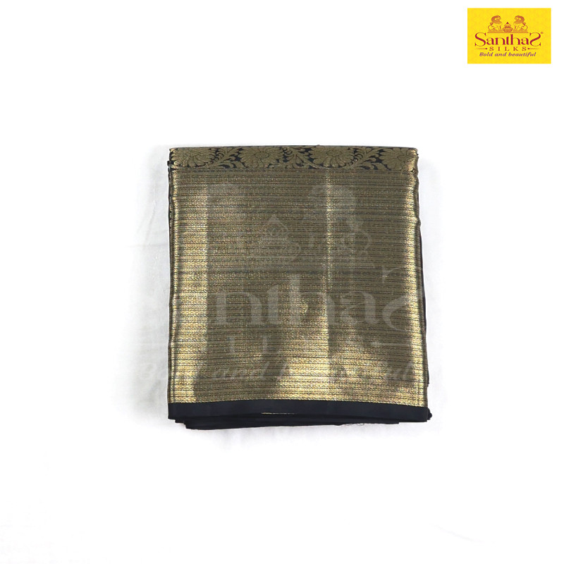 Black Pure Silk Saree with Gold Zari Big  Border