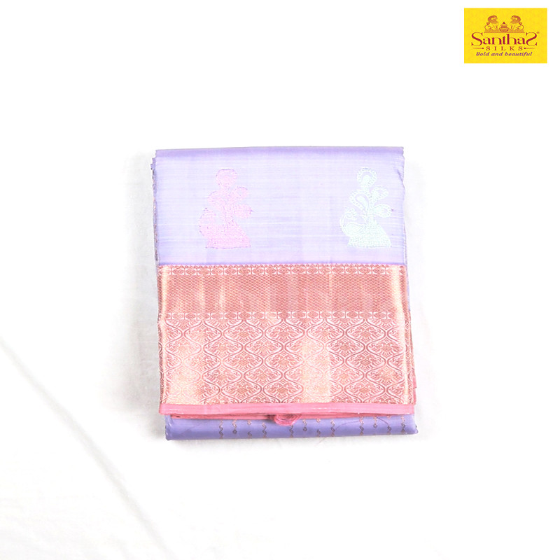 Lilac Shade Pure Silk Saree with Jimki Kammal Paterns Baby Pink Border