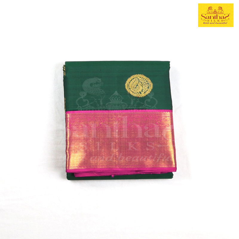 Dark Green Pure Silk Saree with Korvai Pink Border