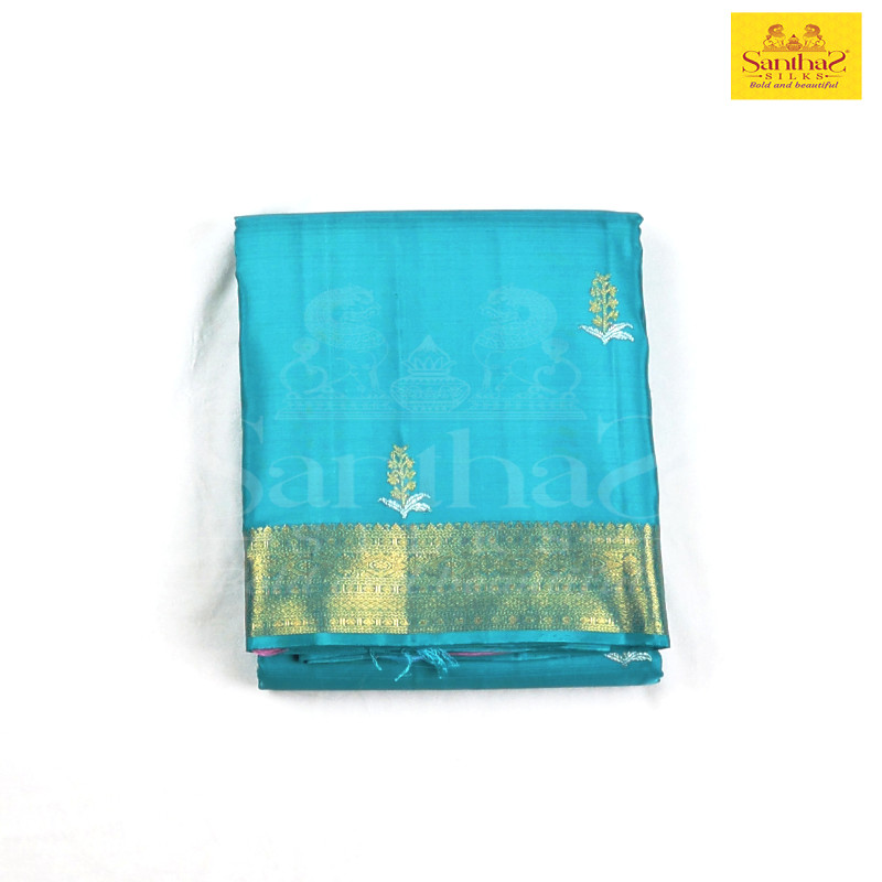 Sapphire Green Color Pure Silk Saree with Gold Zari Border