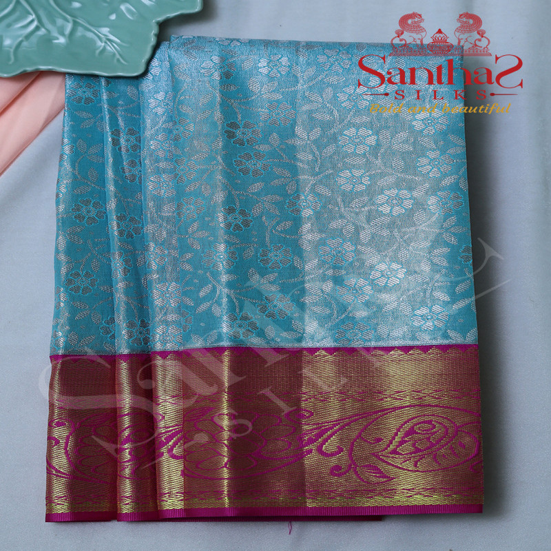 SILVER BLUE TISSUE  BODY IN FLORAL WITH PINK BLOUSE & BORDER
