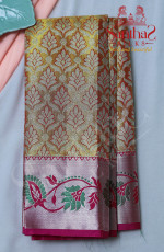 MUSTARD COLOUR TISSUE BODY WITH PINK BLOUSE & BORDER