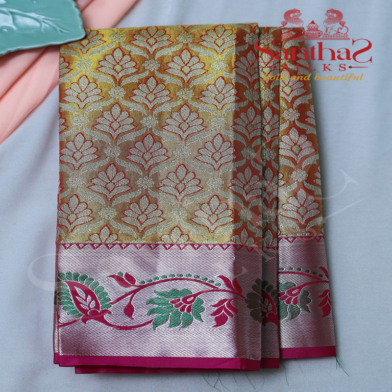 MUSTARD COLOUR TISSUE BODY WITH PINK BLOUSE & BORDER