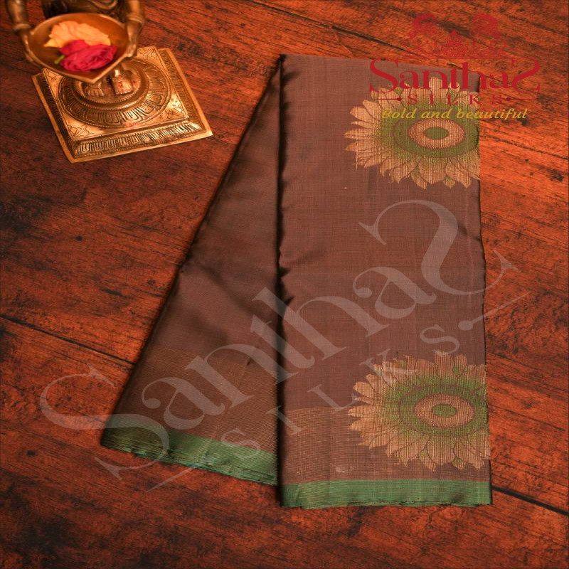 COFFEE BROWN COLOUR BODY WITH GOLDEN & GREEN FLOWER BUTTAS AND CONTRAST BLOUSE