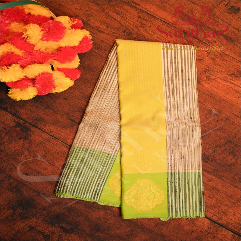 SUPHUR SPRING GREEN & CREAM COLOUR BODY WITH BLACK THREAD STRIPS AND CONTRAST BLOUSE