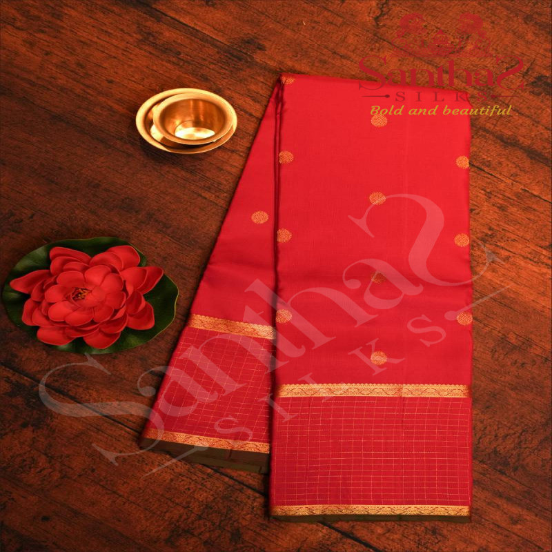 CHERRY RED COLOUR BODY WITH GOLDEN ZARI SMALL BUTTAS AND CONTRAST BLOUSE