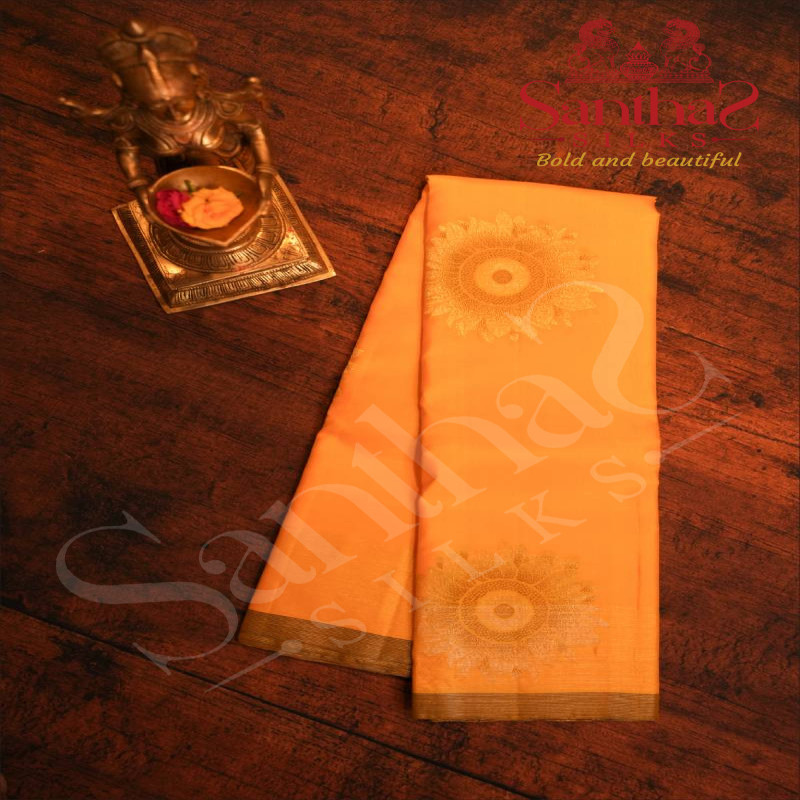 MANGO YELLOW COLOUR BODY WITH GOLDEN ZARI BIG FLOWER MOTIFS AND CONTRAST BLOUSE