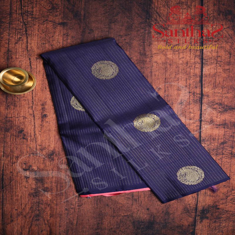 BORDERLESS INDIGO BLUE COLOUR BODY WITH GOLDEN ZARI SMALL CHECKED BOXES & MANGO IN CIRCLE MOTIFS AND CONTRAST BLOUSE