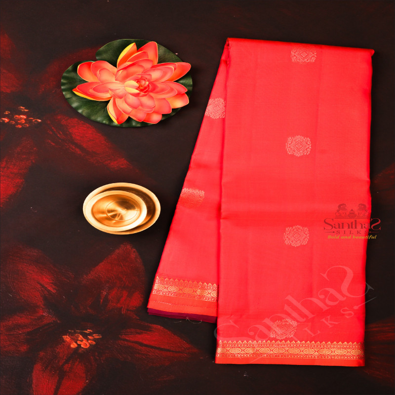 DARK PEACH COLOUR BODY WITH GOLDEN ZARI BUTTA WITH CONTRAST BLOUSE