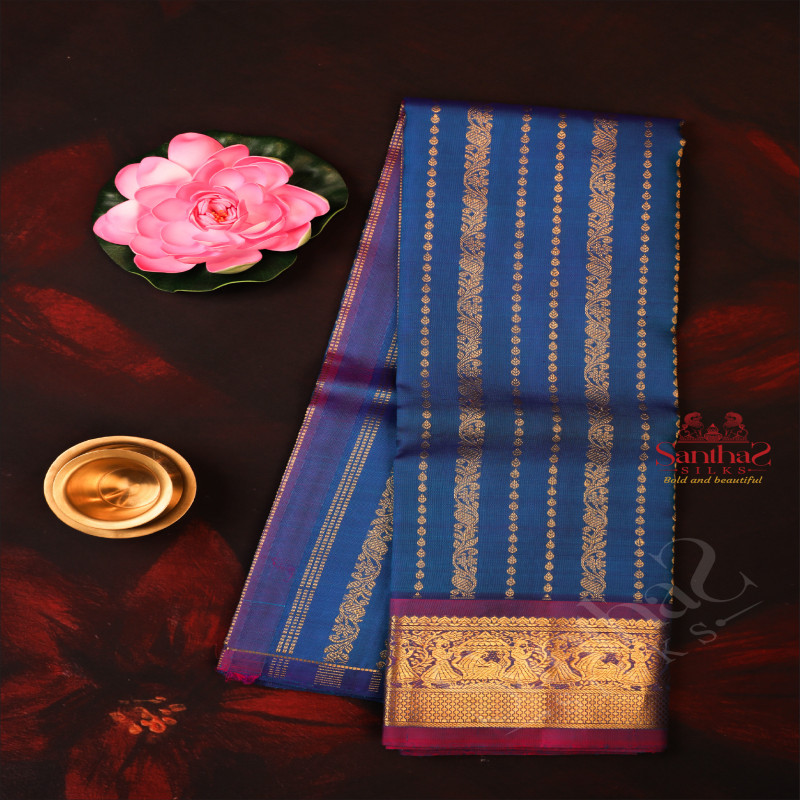 ONE SIDE BORDER PEPSI BLUE COLOUR BODY WITH GOLDEN ZARI BUTTA & WITHOUT BLOUSE