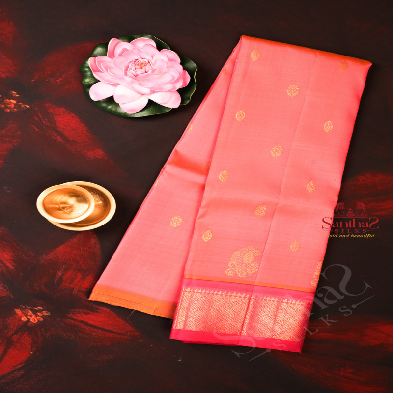 PEACHISH PINK COLOUR BODY WITH GOLDEN ZARI BUTTAS & SINGLE SIDE BORDER AND CONTRAST PALLU WITHOUT BLOUSE