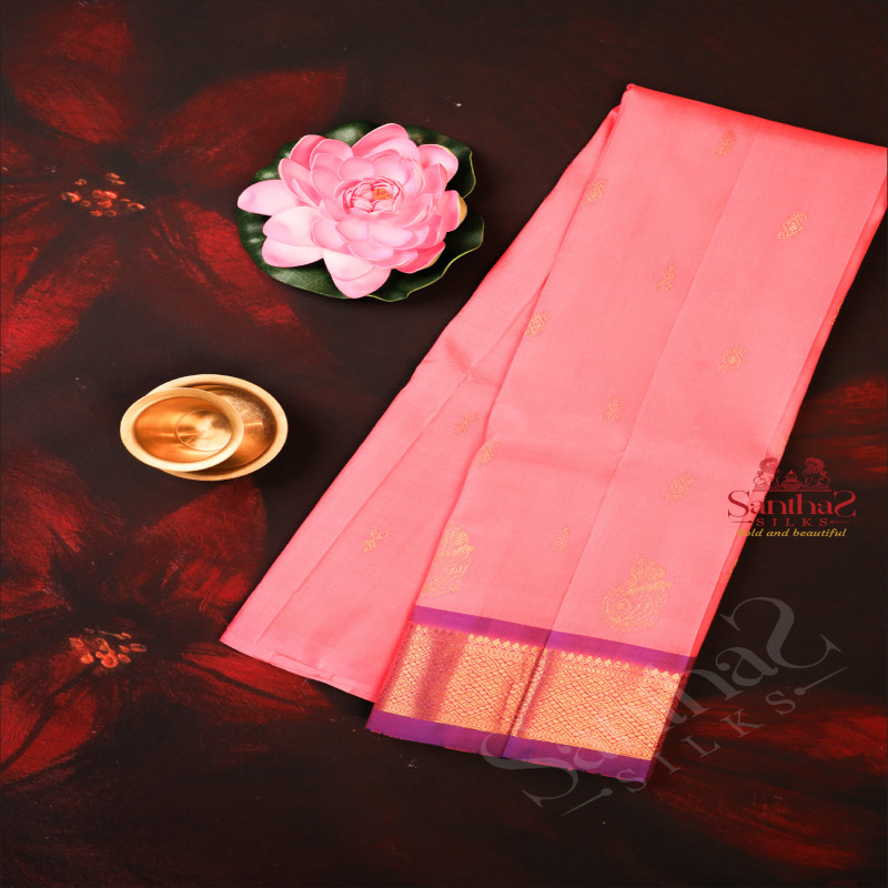FIERY ROSE COLOUR BODY WITH GOLDEN ZARI BUTTAS & SINGLE SIDE BORDER AND CONTRAST PALLU WITHOUT BLOUSE