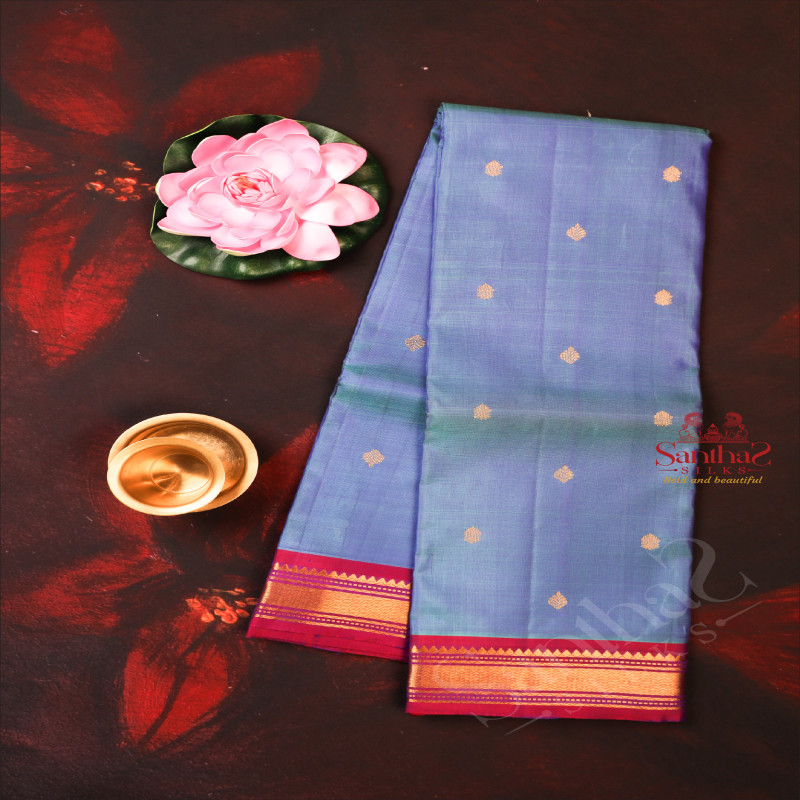 STONE BLUE COLOUR BODY WITH GOLDEN ZARI BUTTA WITH CONTRAST BLOUSE & BORDER