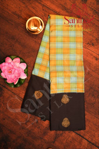 multi-colour-checked-body-with-golden-zari-buttas-and-contrast-blouse