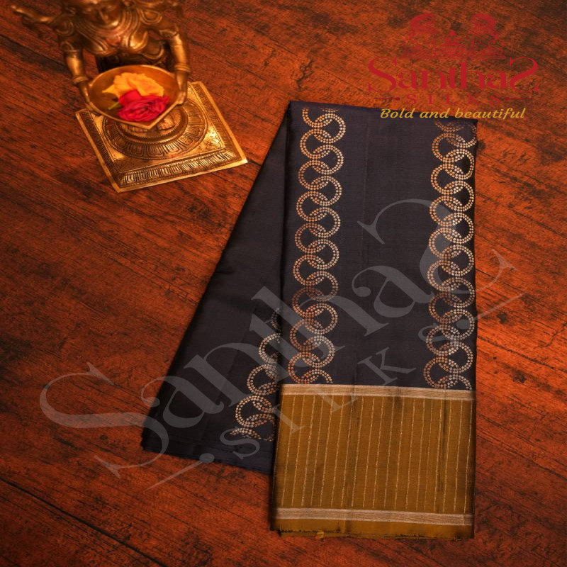 NAVY BLUE COLOUR BODY WITH COPPER AND SILVER ZARI KODI MALAR PATTERN AND CONTRAST BLOUSE