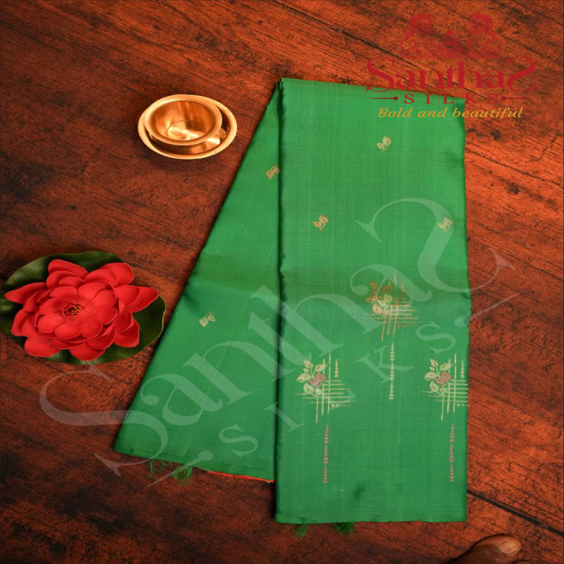 BORDERLESS PARROT GREEN COLOUR BODY WITH SILVER ZARI & PINK THREAD MOTIFS AND CONTRAST BLOUSE