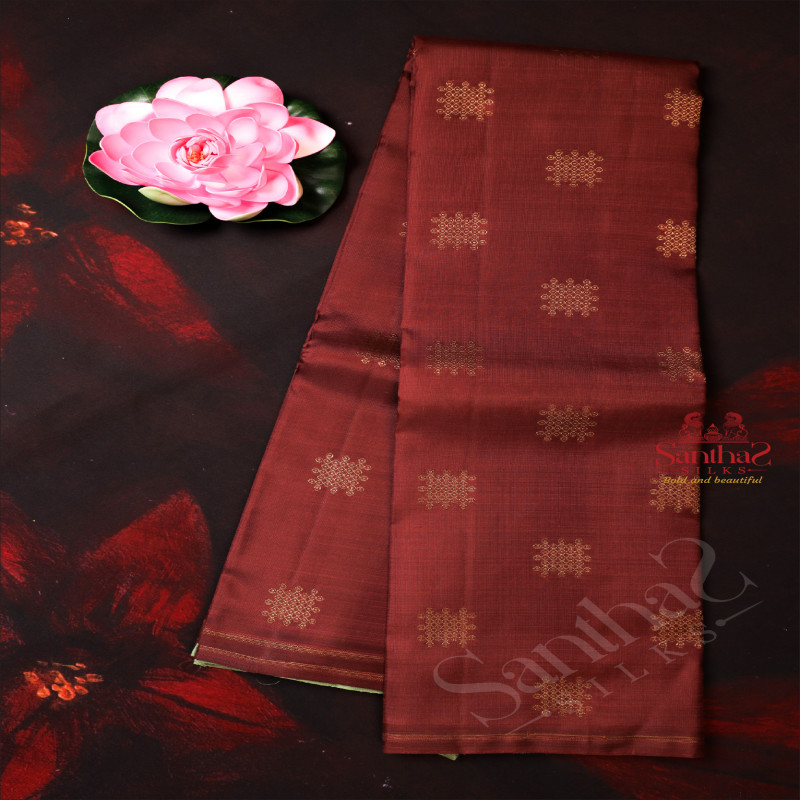 LIGHT BROWN COLOUR BODY WITH GOLDEN ZARI KOLAM BUTTA WITH CONTRAST BLOUSE