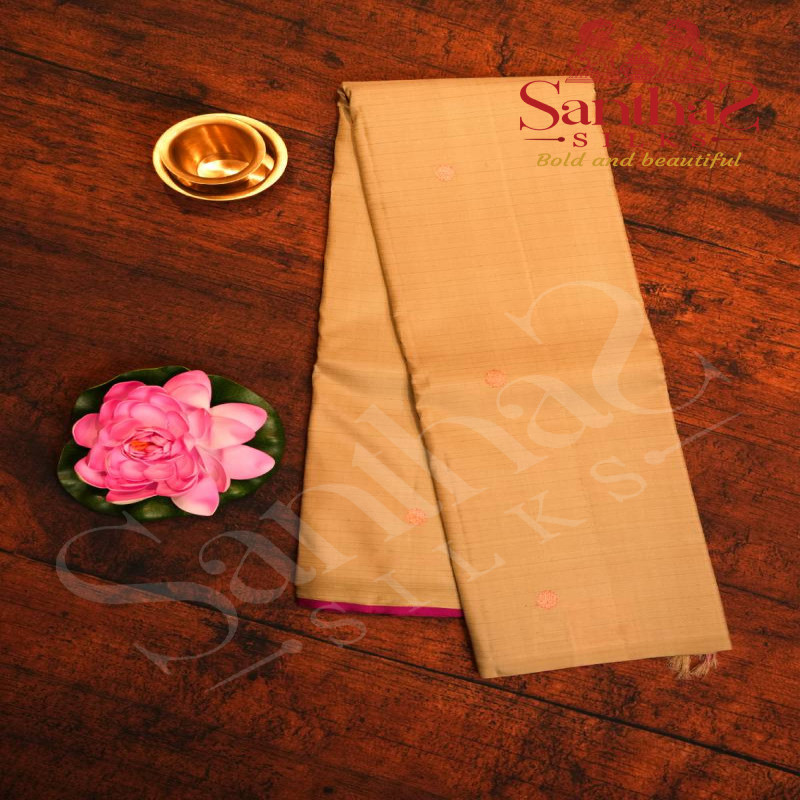 BORDERLESS MANGO YELLOW COLOUR BODY WITH STRIPS & SMALL BUTTAS IN COPPER ZARI AND CONTRAST BLOUSE