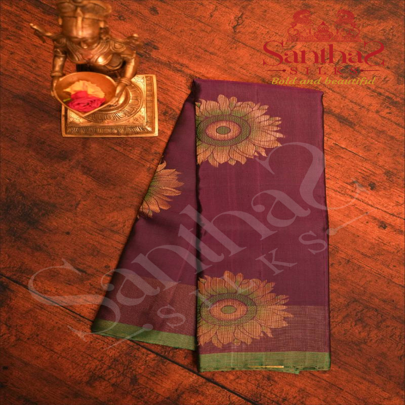 PURPLE COLOUR BODY WITH GOLDEN CARI BIG FLOWER MOTIFS AND CONTRAST BLOUSE