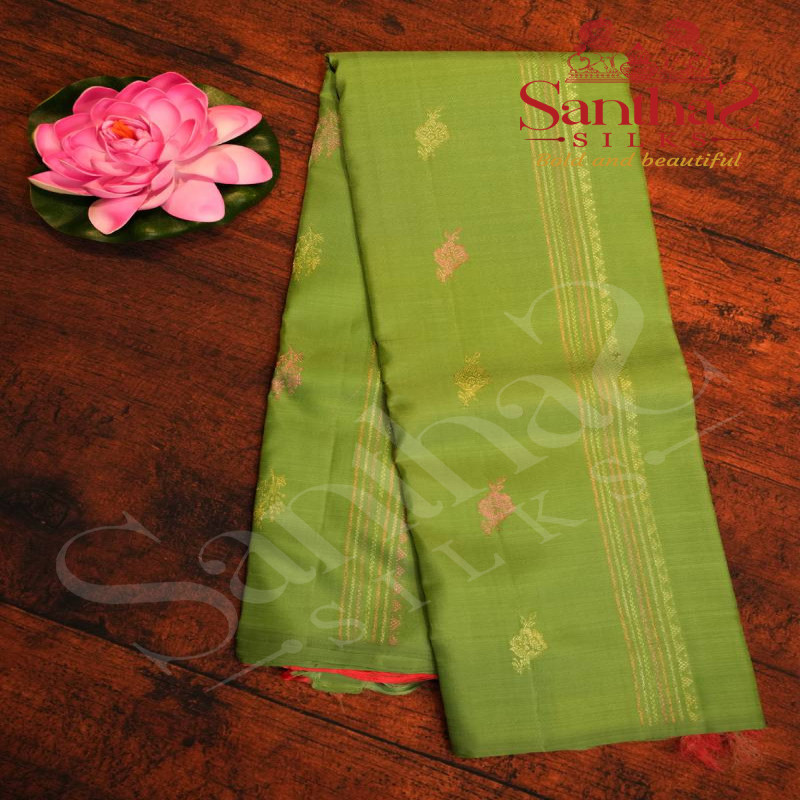 BORDERLESS LIGHT GREEN COLOUR BODY WITH MULTI COLOUR THREAD FLOWER BUTTAS & LINES AND CONTRAST BLOUSE