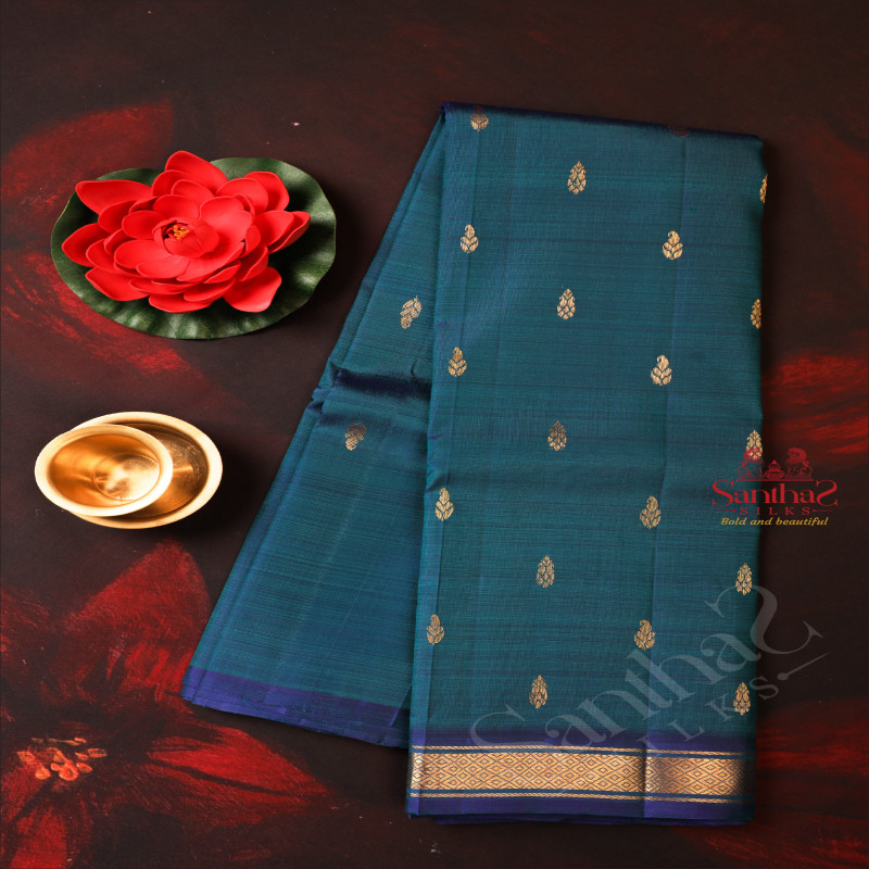 ONE SIDE BORDER DARK BLUE COLOUR BODY GOLDEN MANGO ZARI BUTTAS WITHOUT BLOUSE