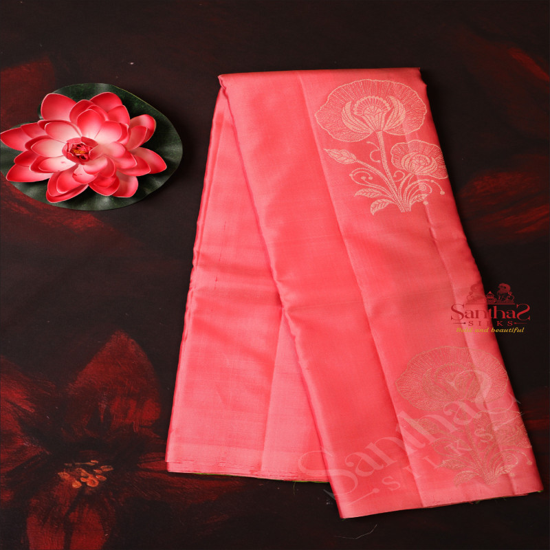 BORDERLESS PASTEL PEACH COLOUR BODY FLORAL SILVER ZARI BUTTA WITH CONTRAST BLOUSE