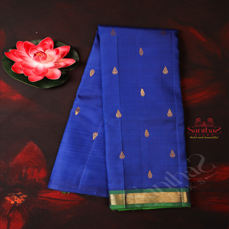 ONE SIDE BORDER ROYAL BLUE COLOUR BODY WITH GOLDEN ZARI BUTTA & WITHOUT BLOUSE