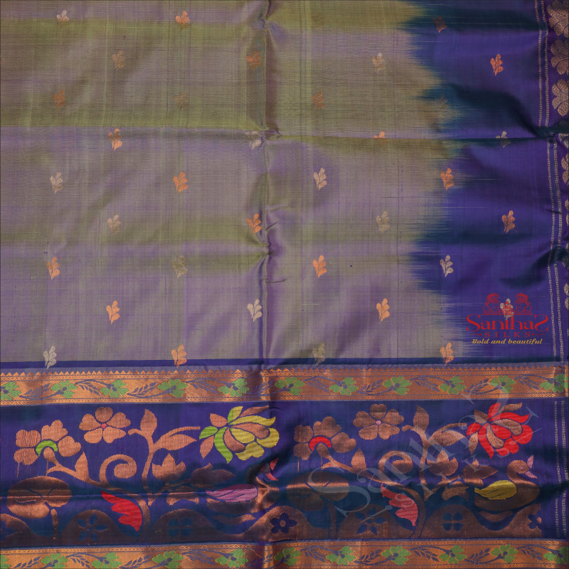 DUAL SHADE BLUE COLOUR BODY WITH GOLDEN ZARI LEAF BUTTA WITH CONTRAST BLOUSE & BORDER