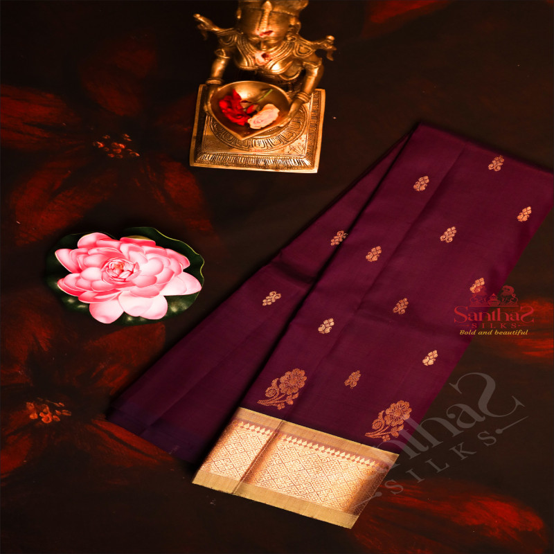 MULBERRY COLOUR BODY WITH GOLDEN ZARI BUTTAS & SINGLE SIDE BORDER AND CONTRAST PALLU WITHOUT BLOUSE
