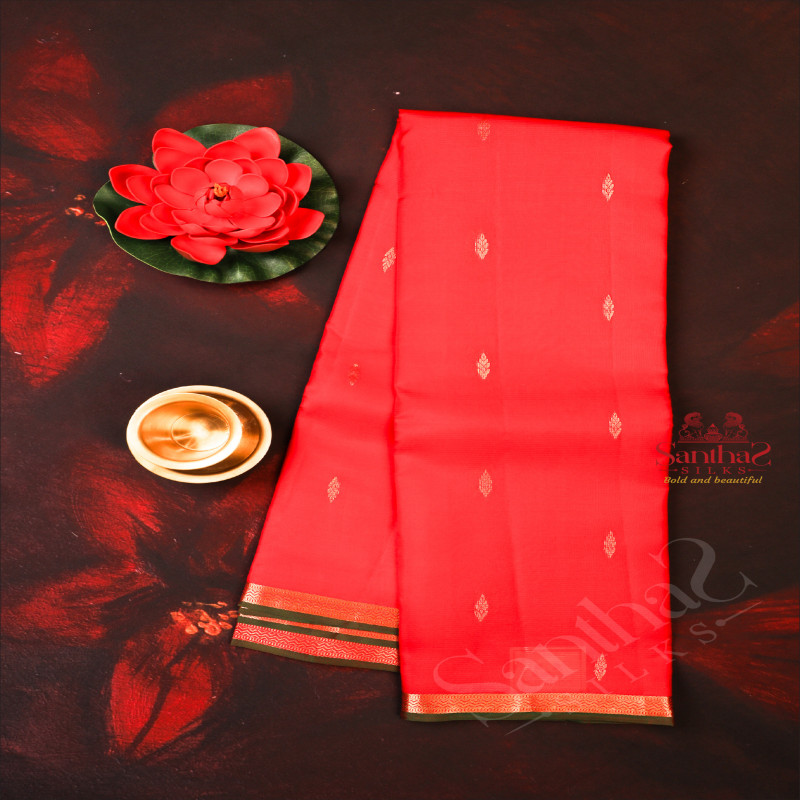 BRIGHT RED COLOUR BODY WITH SMALL BUTTAS AND SELF COLOUR PALLU WITH SELF COLOUR BLOUSE