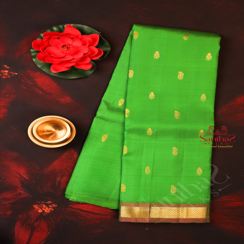 ONESIDE BORDER PARROT GREEN COLOUR BODY WITH GOLDEN ZARI BUTTA & WITHOUT BLOUSE