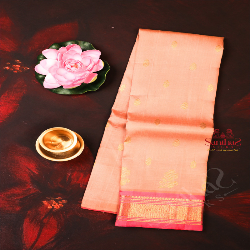 ONESIDE BORDER LIGHT PEACH COLOUR BODY WITH GOLDEN ZARI BUTTA & WITHOUT BLOUSE